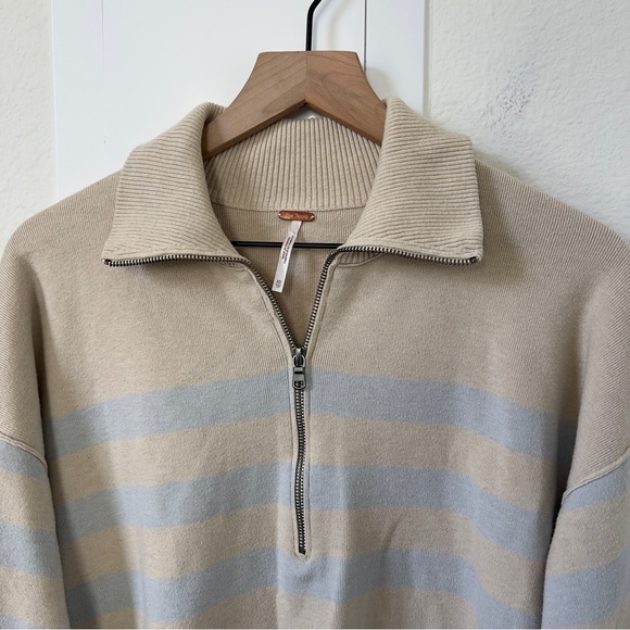 Free People Coastal Stripe Half-Zip Pullover in Beige and Light Blue - Picture 5 of 7